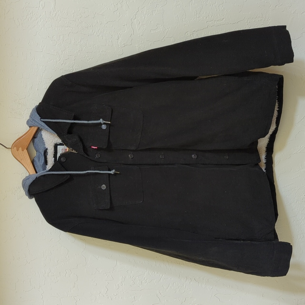 Levi's Black Faux Shearling Lined Hooded Corduroy Shirt Jacket Size XL - Picture 2 of 8